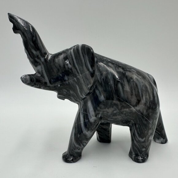 7" Black & White Marble Onyx Elephant Figurine with Lucky Trunk Up - Picture 5 of 12